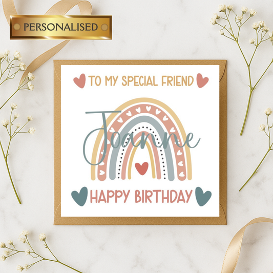 Personalised Rainbow Birthday Card for Any Relative – Custom Name Birthday Card for Aunty, Sister, Mum, Niece, Friend – Boho Heart Design