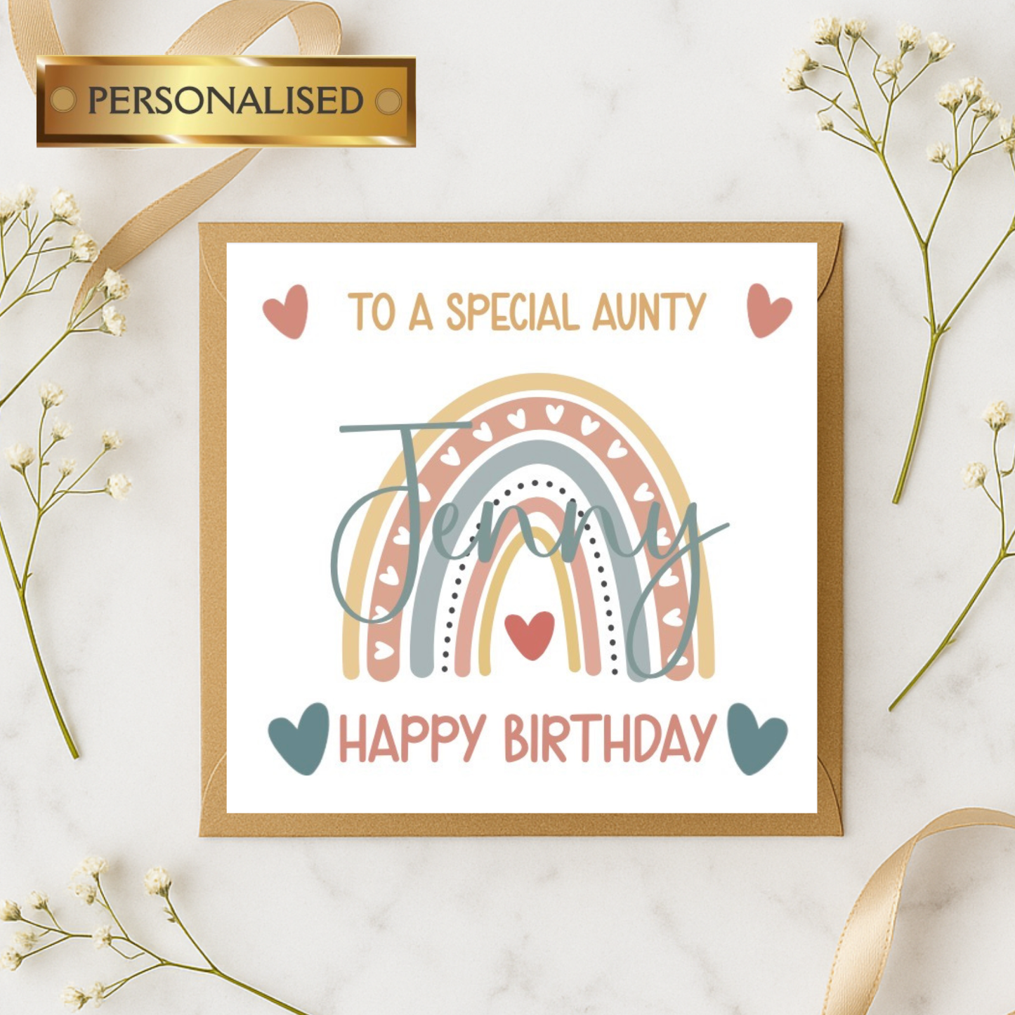 Personalised Rainbow Birthday Card for Any Relative – Custom Name Birthday Card for Aunty, Sister, Mum, Niece, Friend – Boho Heart Design