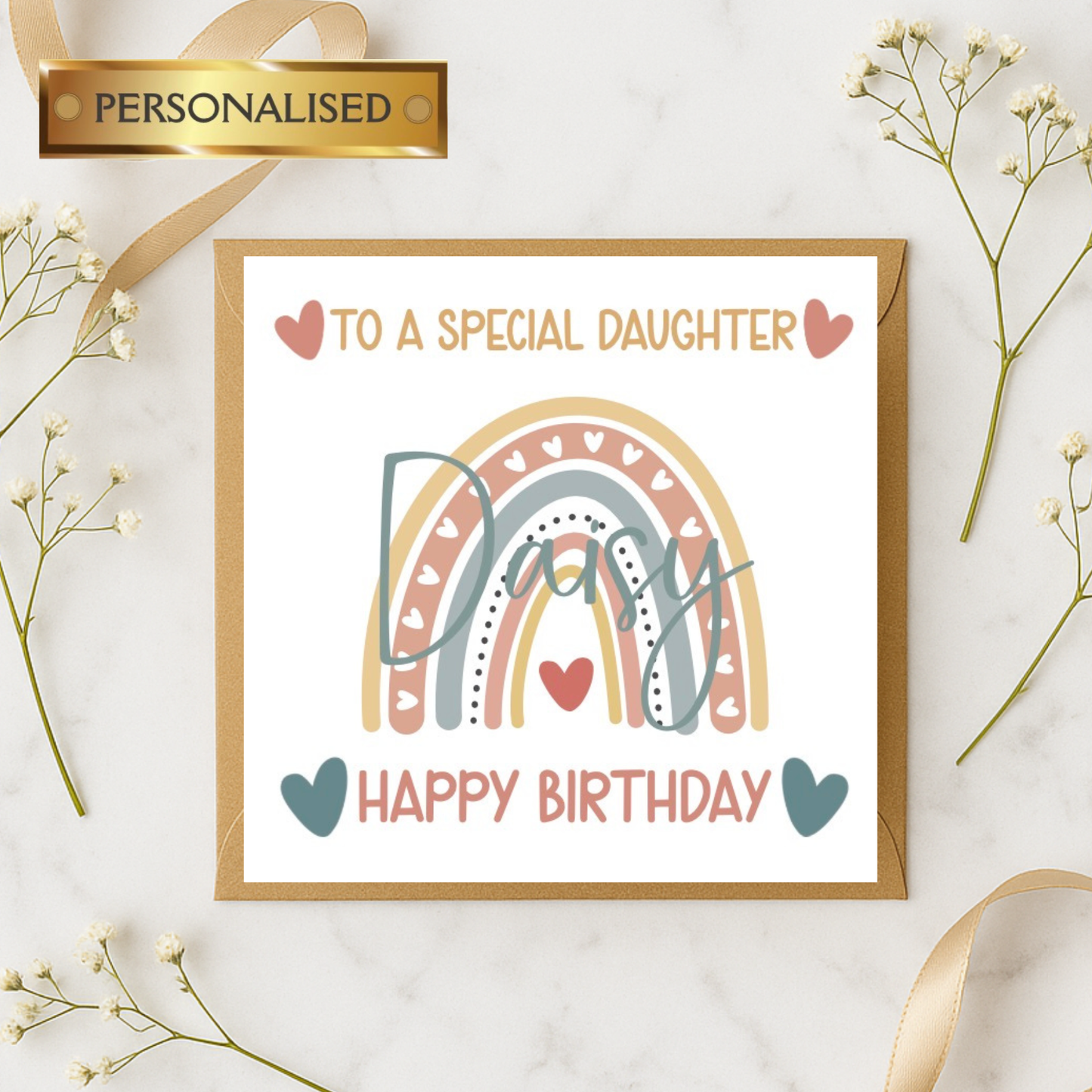 Personalised Rainbow Birthday Card for Any Relative – Custom Name Birthday Card for Aunty, Sister, Mum, Niece, Friend – Boho Heart Design