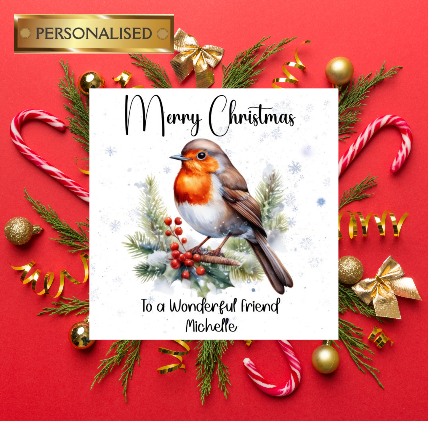Personalised Robin Christmas Card – Special Mum / Dad / Any Relative or Friend – Custom Name – Winter Robin Card – Festive Holiday Card