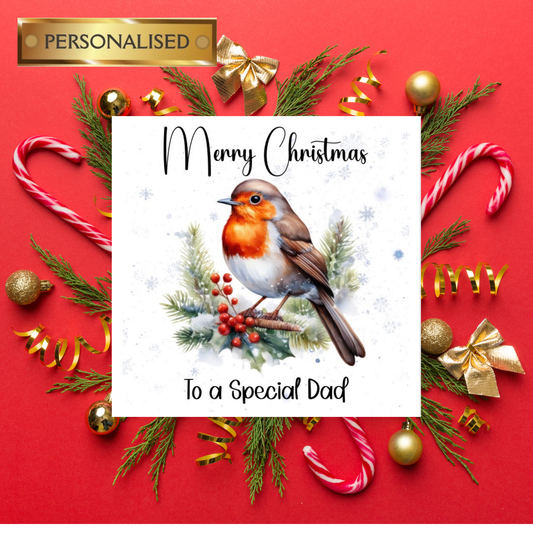 Personalised Robin Christmas Card – Special Mum / Dad / Any Relative or Friend – Custom Name – Winter Robin Card – Festive Holiday Card