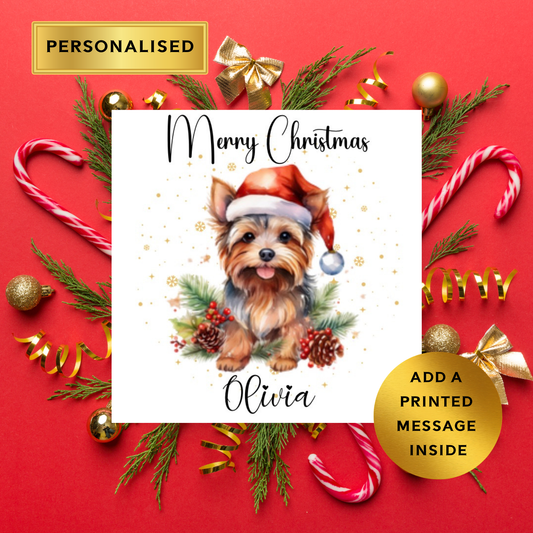 Personalised Yorkshire Terrier Christmas Card – Any Name – Cute Dog Xmas Card