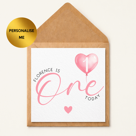 Personalised 1st Birthday Card Girl, Pink First Birthday Card, Age 1 Balloon Card, Custom Name Birthday Card, Baby Girl Birthday Card