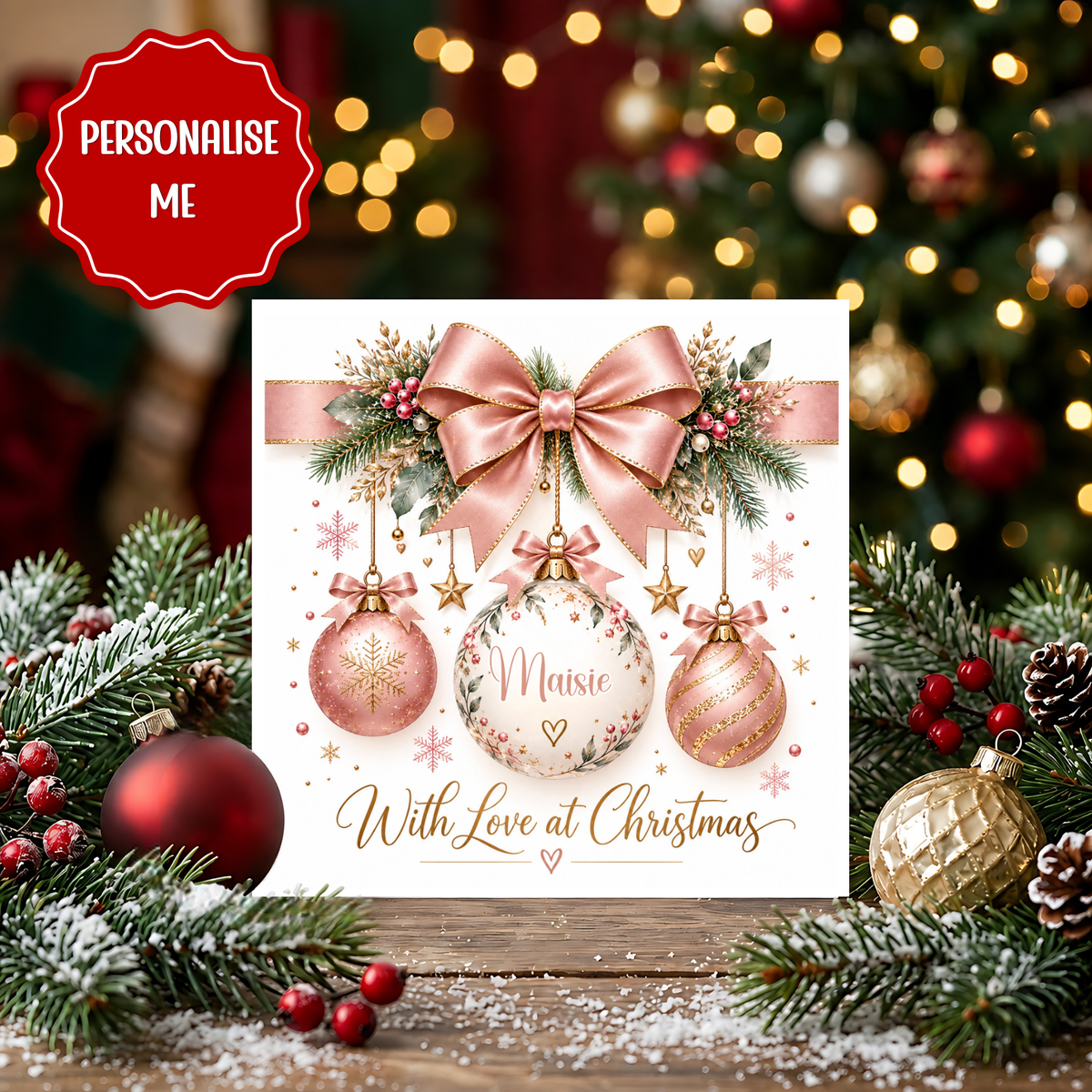 Personalised Christmas Card for Her, Pink Bauble Christmas Card, Custom Name Xmas Card, With Love at Christmas, Daughter Granddaughter Card