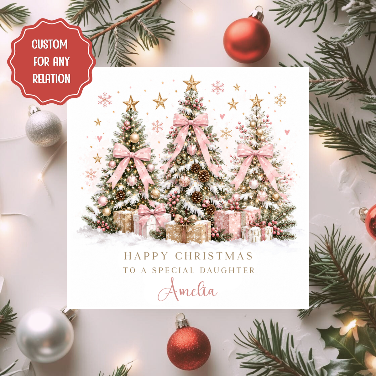 Personalised Christmas Card, Pink Christmas Tree Card, Custom Xmas Card for Any Relation, Festive Card with Name