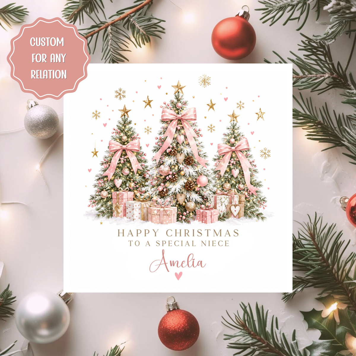 Personalised Christmas Card, Pink Christmas Tree Card, Custom Xmas Card for Any Relation, Festive Card with Name