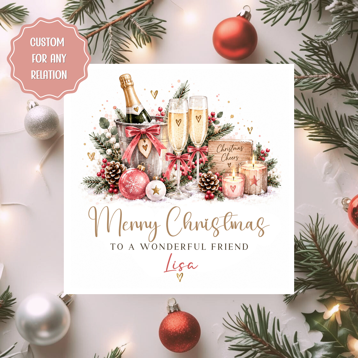 Personalised Friend Christmas Card, Pink Champagne Xmas Card, Custom Name Card for Any Relation, Christmas Cheers Card