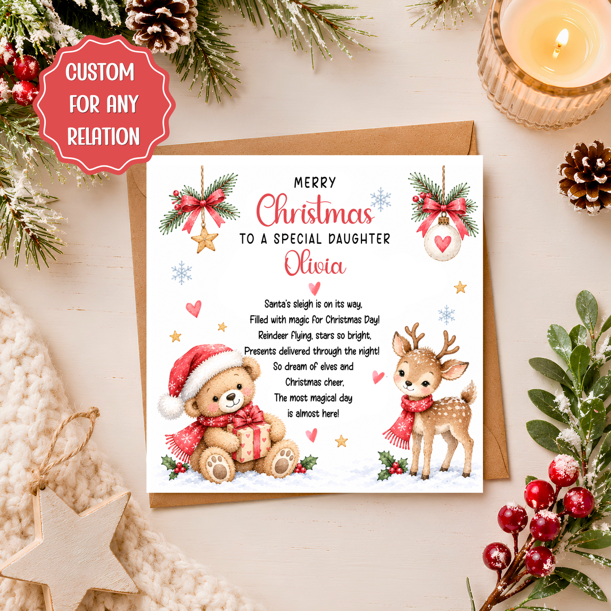 Personalised Christmas Card for Daughter, Granddaughter, Niece, Cute Teddy Bear Reindeer Xmas Poem Card for Kids, Any Relation
