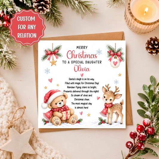 Personalised Christmas Card for Daughter, Granddaughter, Niece, Cute Teddy Bear Reindeer Xmas Poem Card for Kids, Any Relation