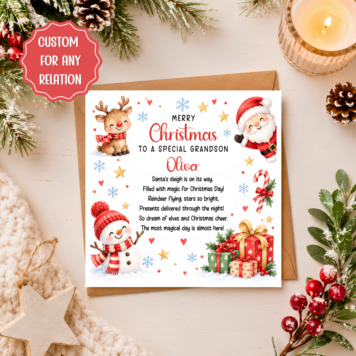 Personalised Christmas Card for Grandson Granddaughter, Christmas Poem Card, Cute Reindeer Snowman Santa Card, Kids Xmas Card, Any Relation