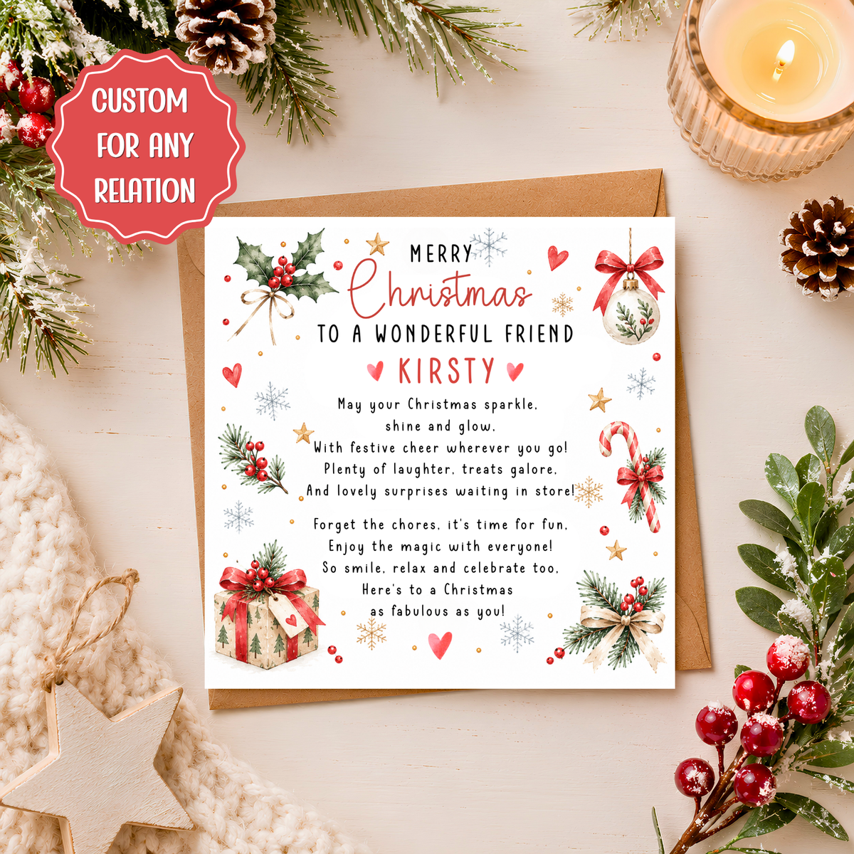 Personalised Christmas Card with Poem, Custom Name & Relation, Christmas Card for Friend, Mum, Dad, Sister, Daughter, Son, Family