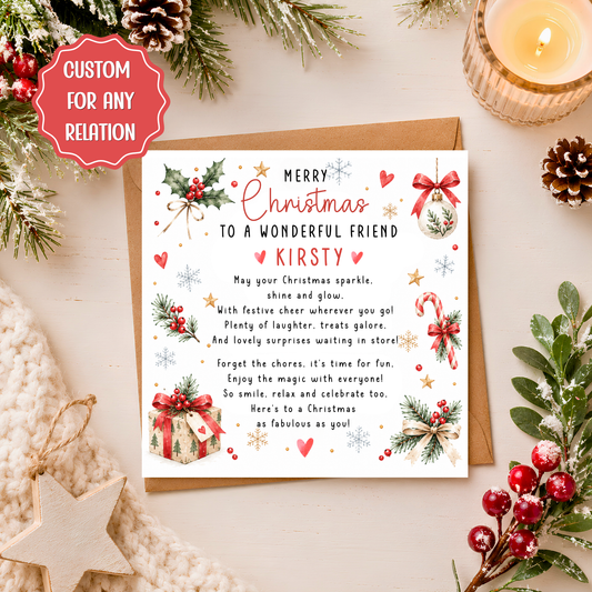 Personalised Christmas Card with Poem, Custom Name & Relation, Christmas Card for Friend, Mum, Dad, Sister, Daughter, Son, Family