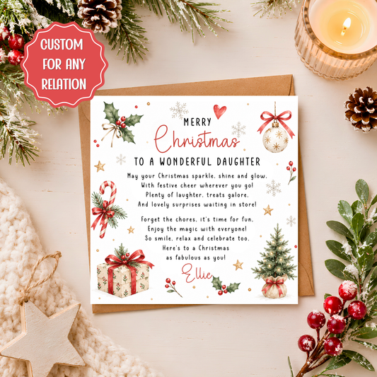 Personalised Christmas Card with Poem, Custom Name & Relation, Christmas Card for Friend, Mum, Dad, Sister, Daughter, Son, Family