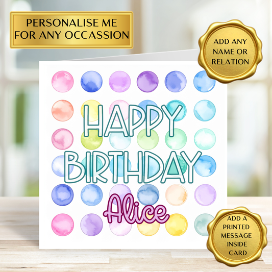 Personalised Polka Dot Birthday Card | Any Name & Age | Colourful Birthday Card for Her, Him, Kids & Adults