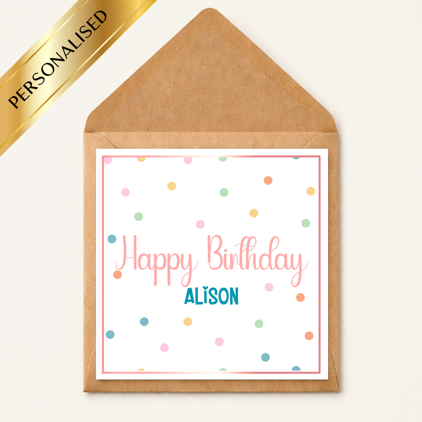 Personalised Happy Birthday Card Any Name | Custom Birthday Card for Her Him Child | Colourful Polka Dot Birthday Card | Cute Modern Birthday Card