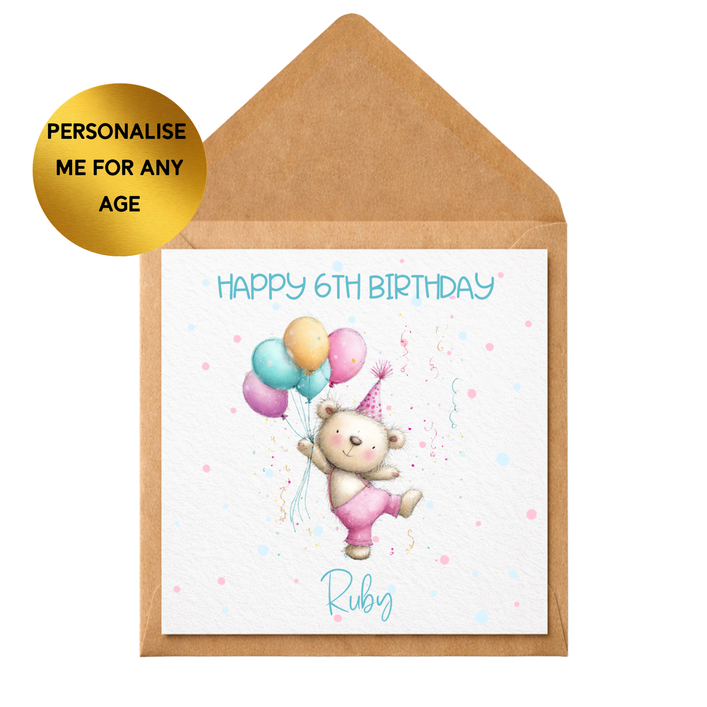 Personalised Teddy Bear Birthday Card | Any Age Birthday Card | Cute Bear Balloon Card | Children’s Birthday Card | Custom Name & Age Card