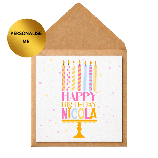 Personalised Birthday Card Any Name, Colourful Candle Cake Card, Custom Happy Birthday Card, Bright Modern Birthday Card, Any Recipient