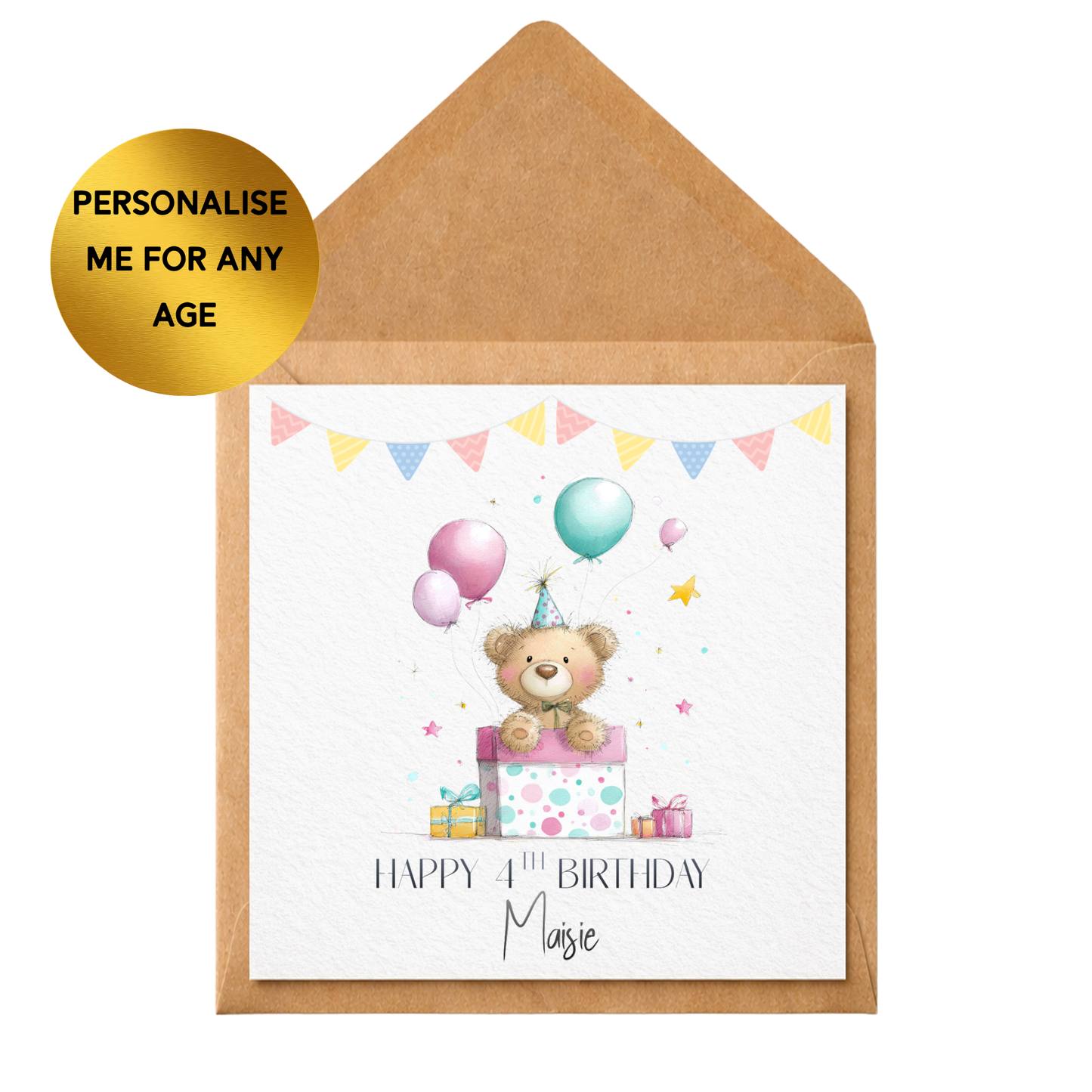 Personalised Teddy Bear Birthday Card | Any Age Birthday Card | Cute Bear & Balloons Card | Children’s Birthday Card | Custom Name Card