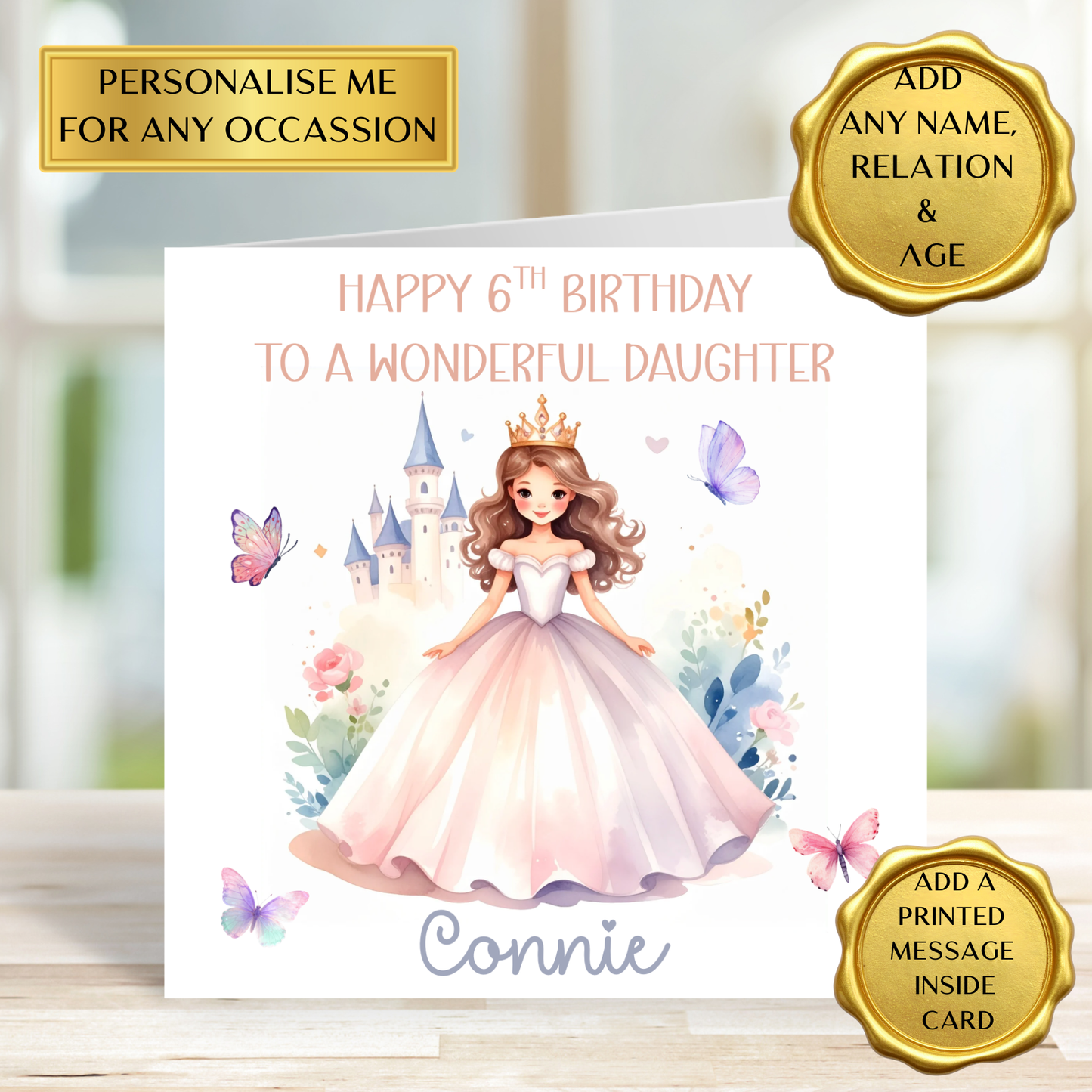 Personalised Princess Birthday Card – Any Name, Relation & Age • Daughter Birthday Card • Kids Fairy Tale Card • Girl Birthday Card • Custom Printed Card