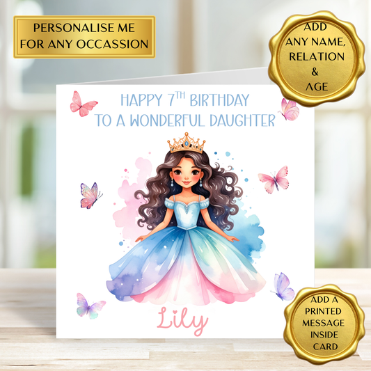 Personalised Princess Birthday Card – Any Name, Relation & Age – Butterfly Princess Card for Daughter, Granddaughter, Niece – Custom Printed Card