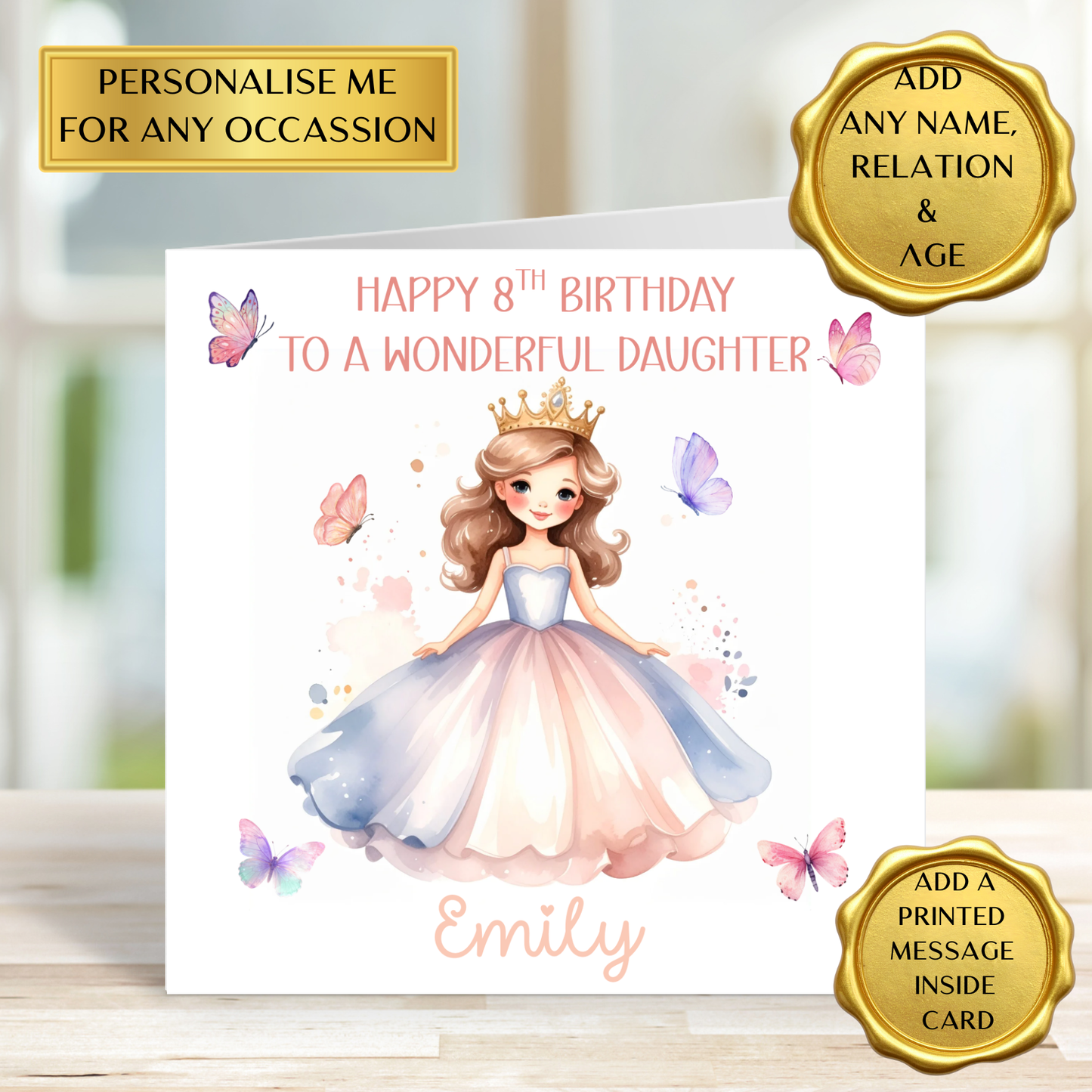 Personalised Princess Birthday Card – Add Any Name, Age & Relation – Cute Girl Birthday Card – Kids Birthday Card – Daughter Granddaughter Niece