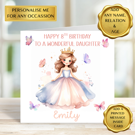 Personalised Princess Birthday Card – Add Any Name, Age & Relation – Cute Girl Birthday Card – Kids Birthday Card – Daughter Granddaughter Niece