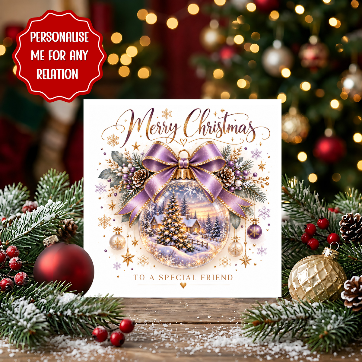 Personalised Christmas Card, Special Friend Christmas Card, Purple Gold Bauble Card, Custom Xmas Card for Any Recipient, Someone Special