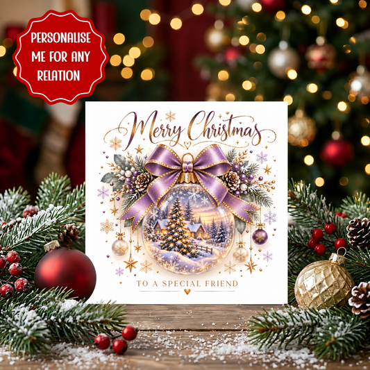 Personalised Christmas Card, Special Friend Christmas Card, Purple Gold Bauble Card, Custom Xmas Card for Any Recipient, Someone Special
