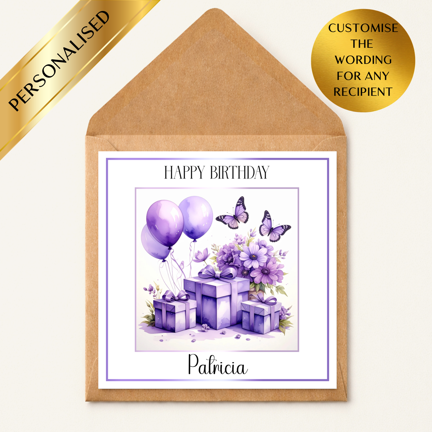 Personalised Purple Birthday Card – Custom Name Birthday Card – Elegant Floral & Butterfly Birthday Card – Any Recipient – Handmade Birthday Card