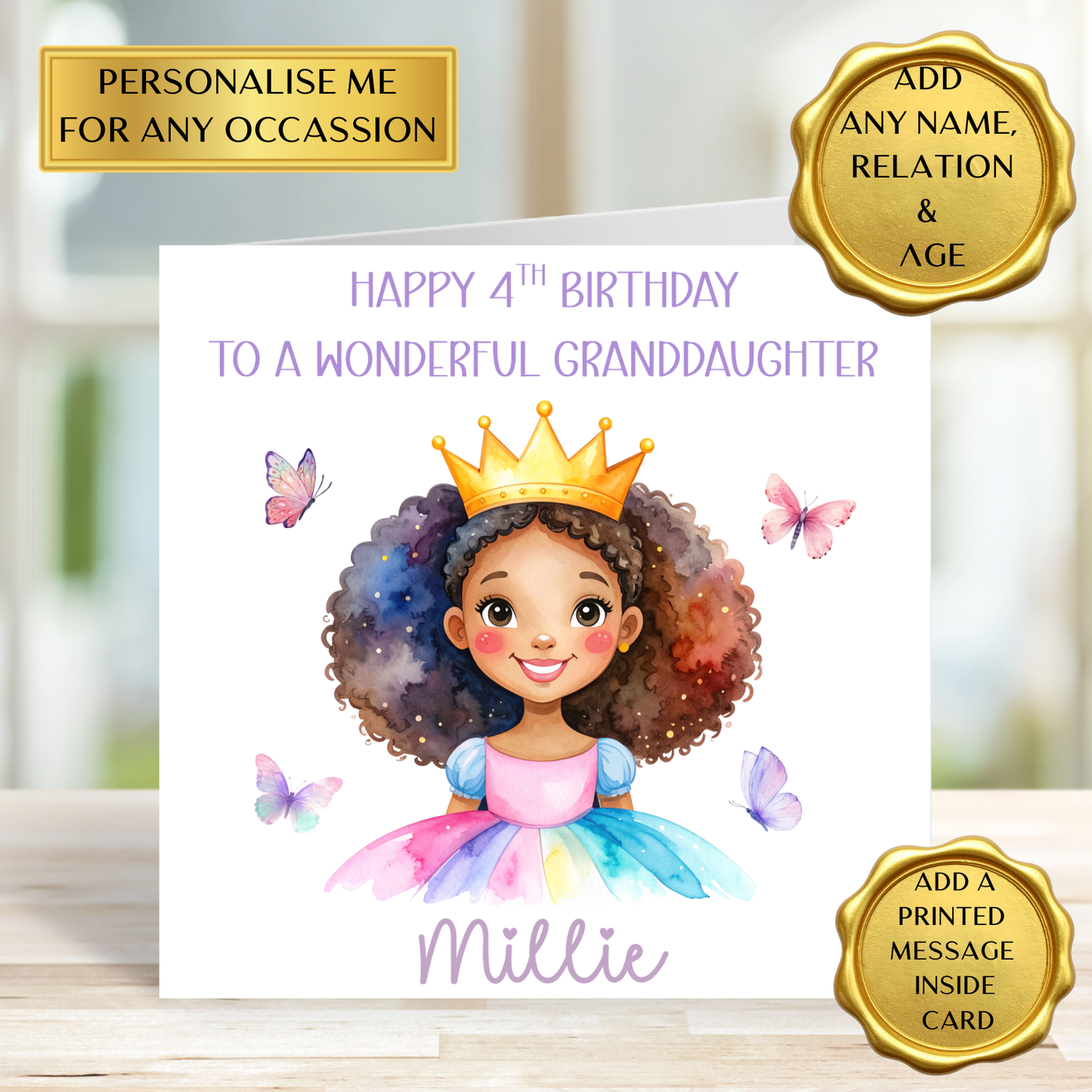 Personalised Princess Birthday Card • Any Name Age Relation • Granddaughter Daughter Niece Birthday • 4th 5th 6th Birthday Girl Card