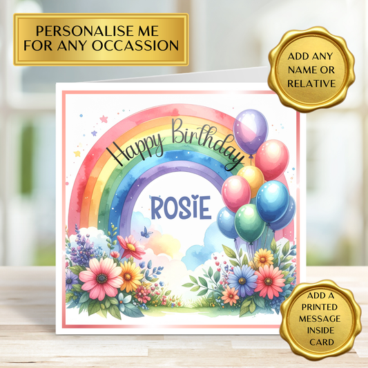 Personalised Rainbow Birthday Card | Custom Name & Age | Colourful Floral Birthday Card | Any Age Any Relation | Fun Birthday Card