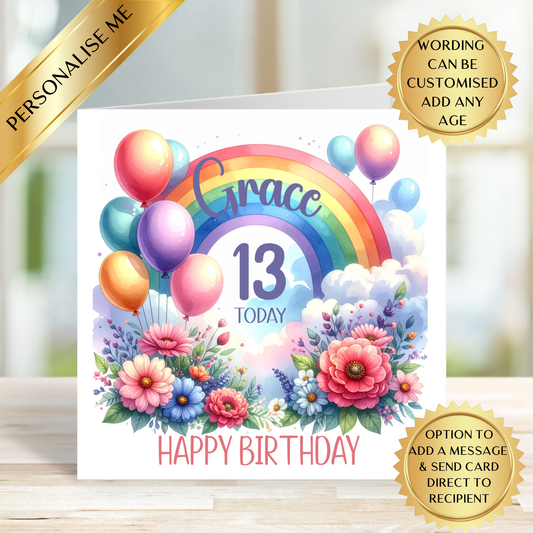 Personalised Rainbow Birthday Card | Custom Age Birthday Card | Floral Rainbow Birthday Card | Girls Birthday Card | Any Age