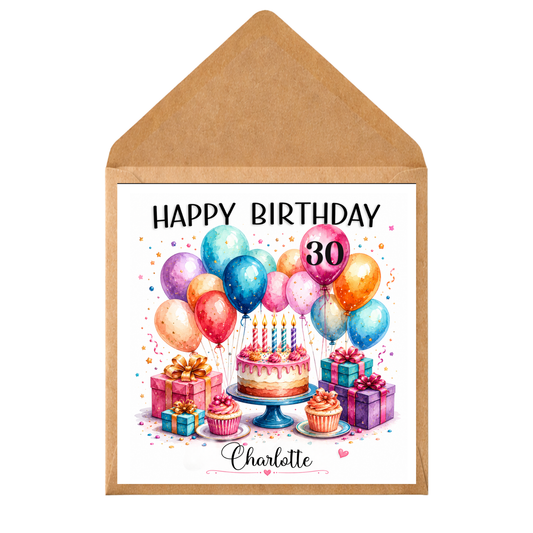 Personalised Birthday Card – Any Age | Custom Name & Age Birthday Card | Balloon and Cake Design | Milestone Birthday Card
