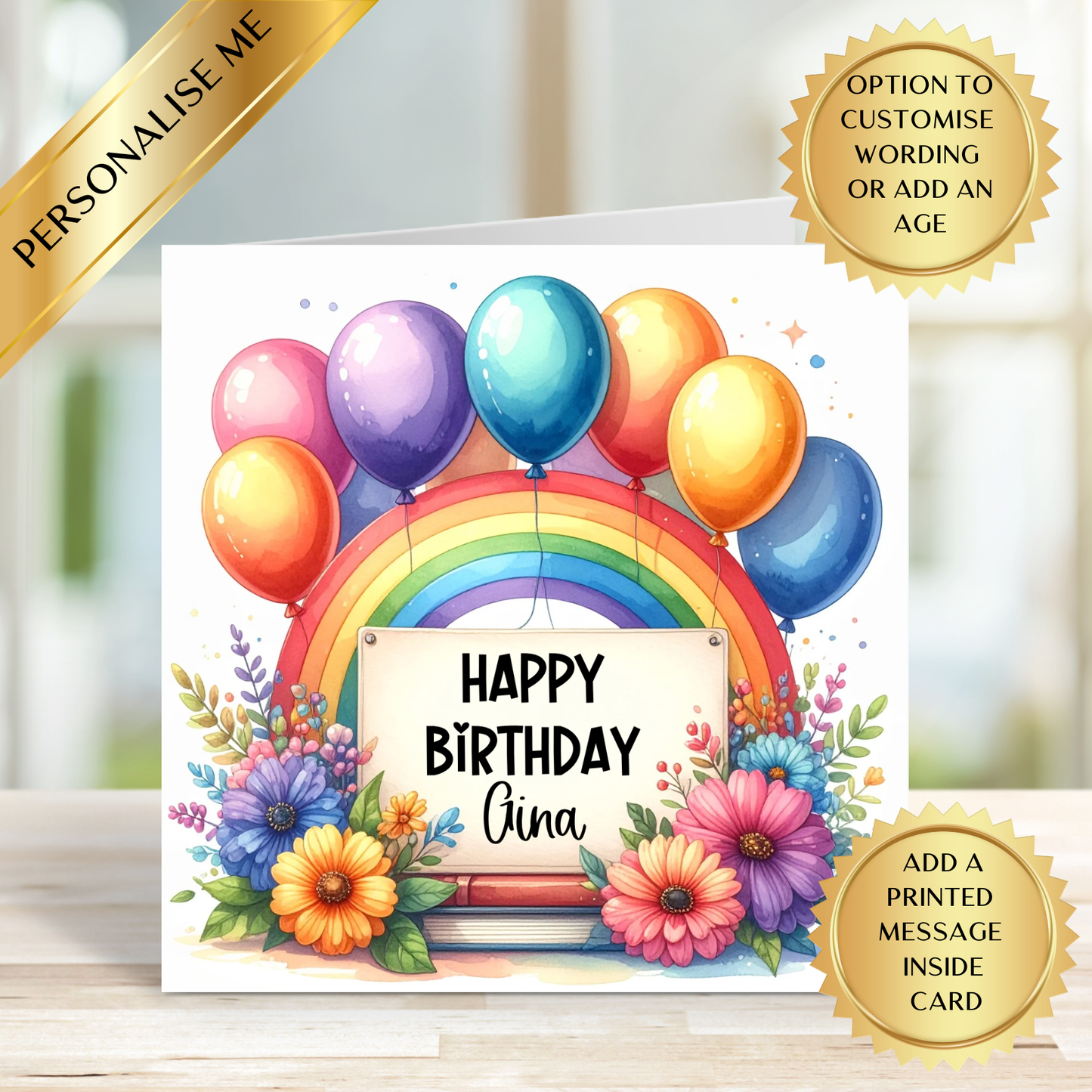 Personalised Rainbow Birthday Card - Vibrant Balloons & Floral Design for Any Age, Custom Name - Message, UK Designed - Printed