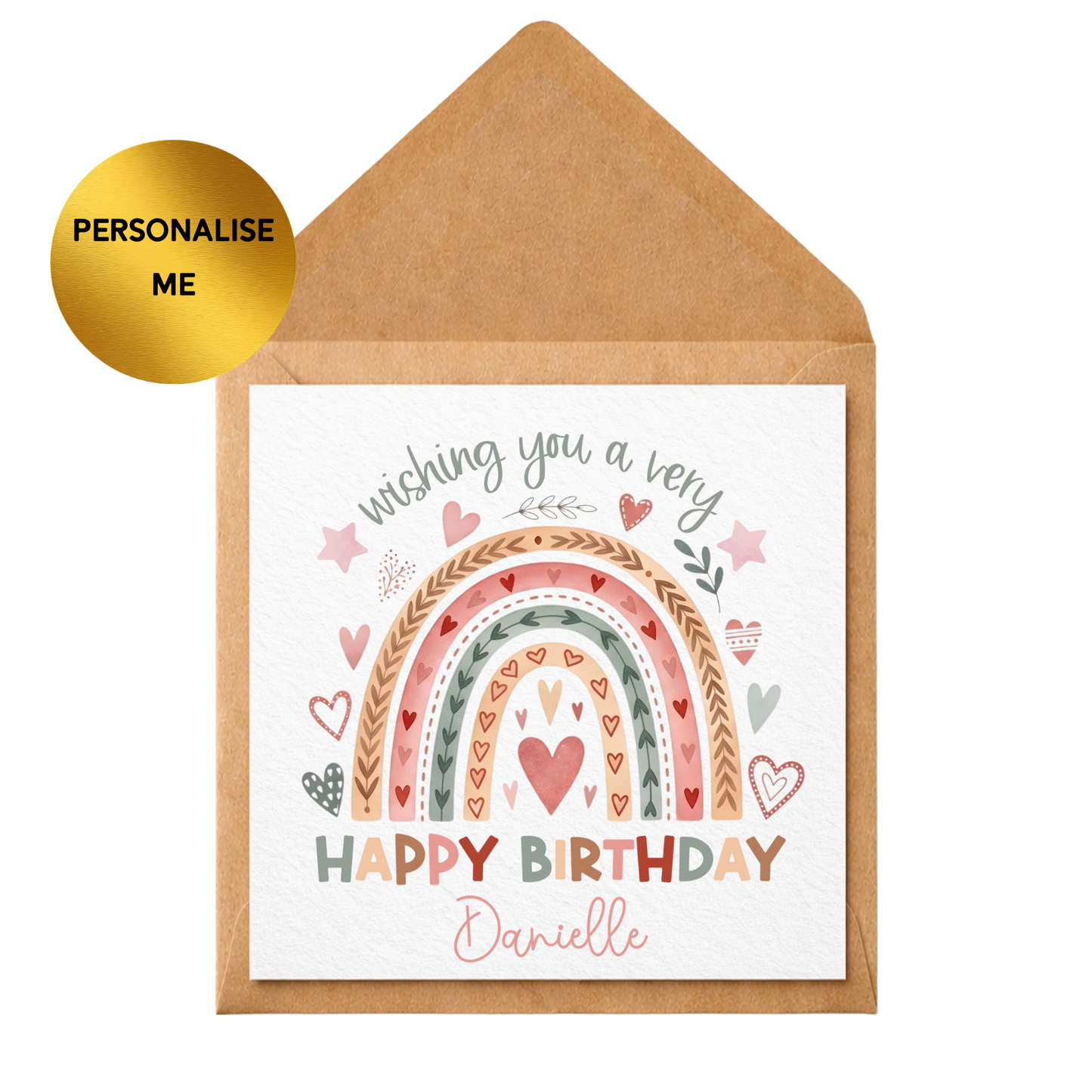Personalised Rainbow Birthday Card, Boho Rainbow Card, Custom Name Birthday Card, Girls Birthday Card, Cute Heart Rainbow Card, Any Age Card