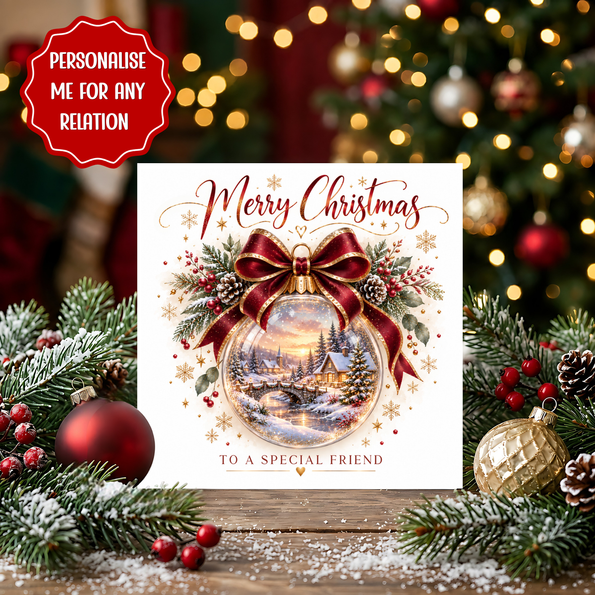 Personalised Christmas Card, Special Friend Christmas Card, Red Gold Bauble Card, Custom Xmas Card for Any Recipient, Someone Special