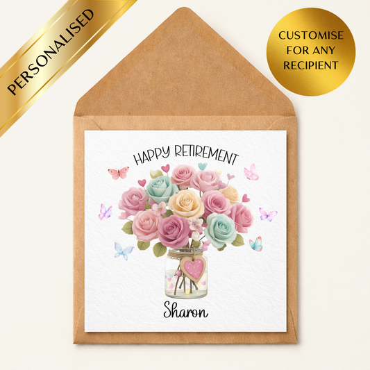 Personalised Retirement Card for Her – Happy Retirement Card with Name – Floral Retirement Card – Custom Retirement Card for Mum Friend Colleague