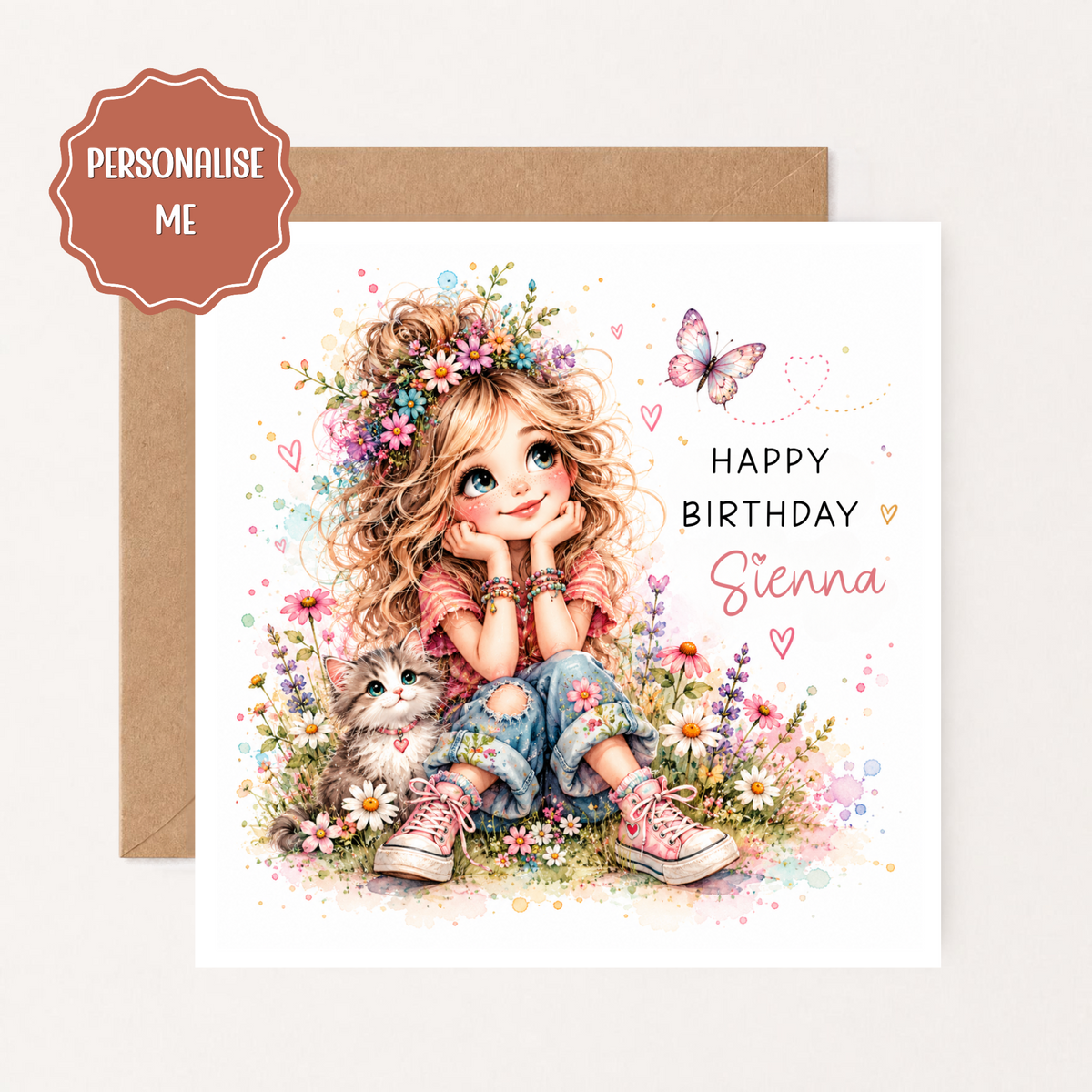 Personalised Girls Birthday Card, Cute Girl on Floral Swing, Pink Butterfly Birthday Card, Custom Name Card for Daughter Granddaughter