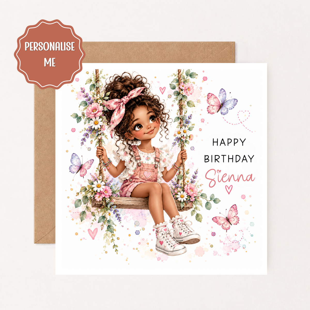 Personalised Girls Birthday Card, Cute Girl on Floral Swing, Pink Butterfly Birthday Card, Custom Name Card for Daughter Granddaughter