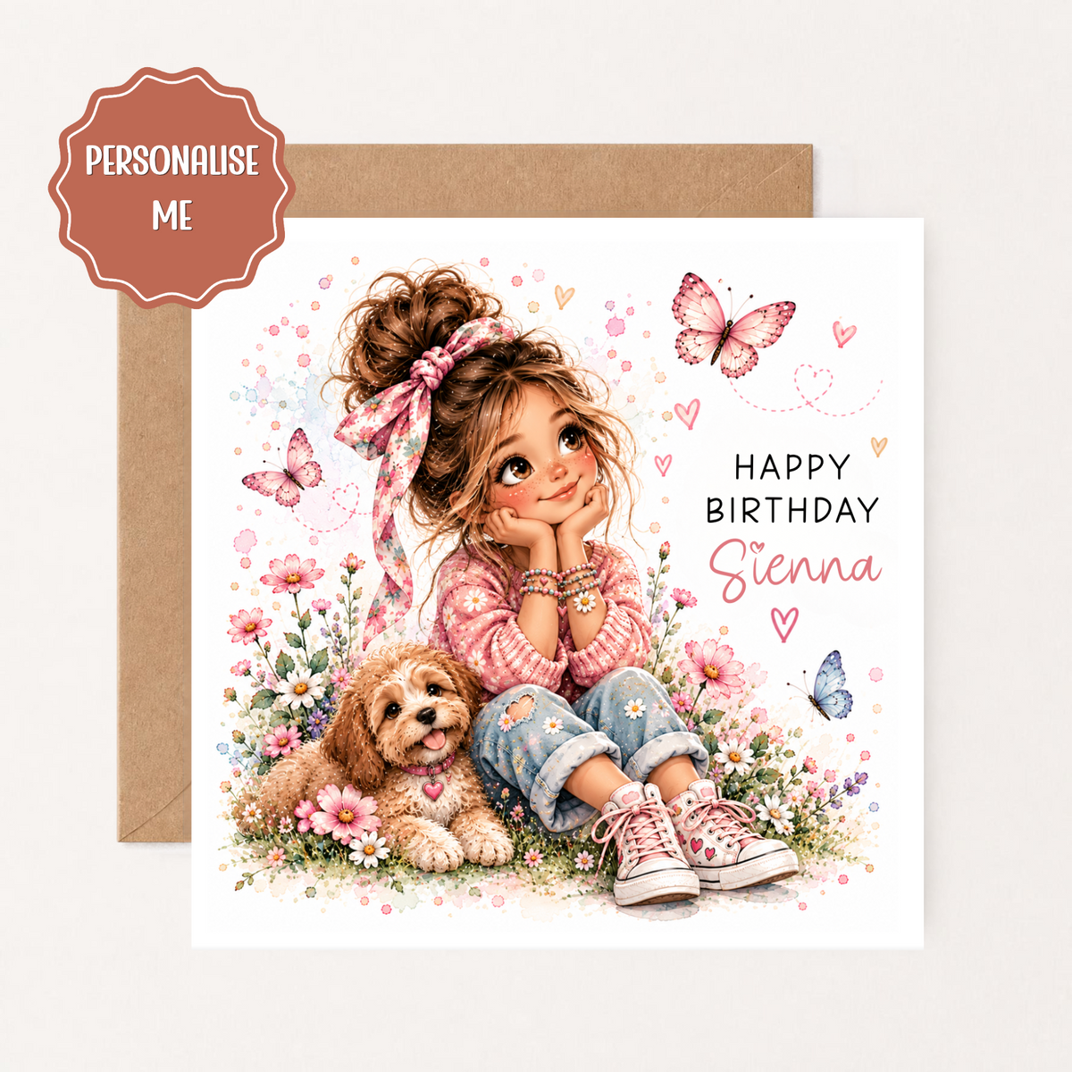 Personalised Girls Birthday Card, Cute Girl on Floral Swing, Pink Butterfly Birthday Card, Custom Name Card for Daughter Granddaughter