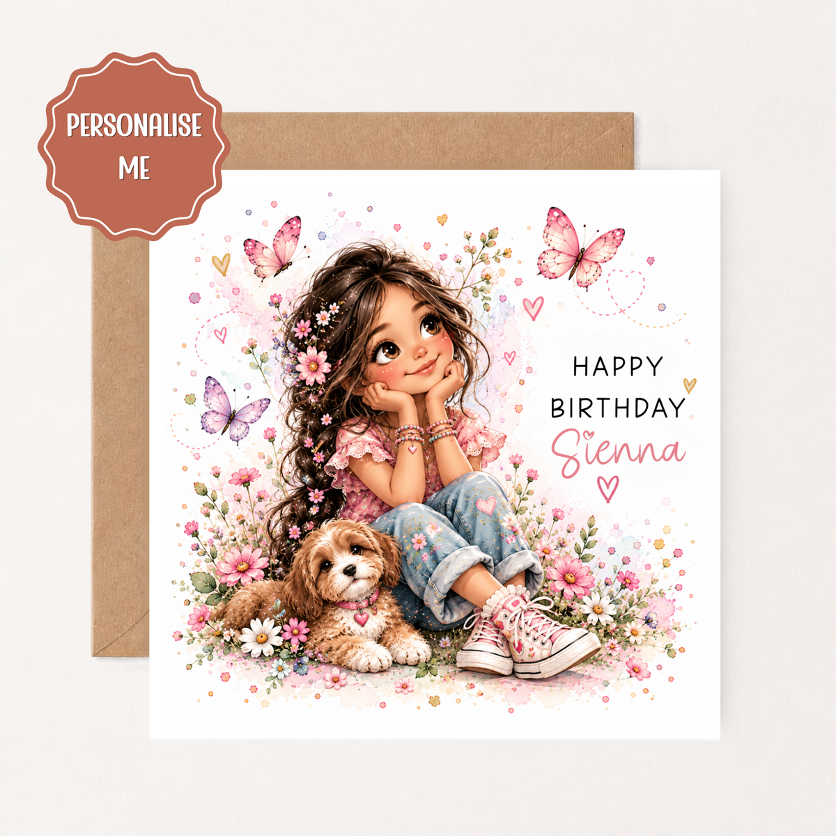 Personalised Girls Birthday Card, Cute Girl on Floral Swing, Pink Butterfly Birthday Card, Custom Name Card for Daughter Granddaughter