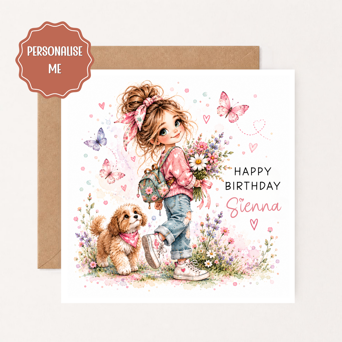 Personalised Girls Birthday Card, Cute Girl on Floral Swing, Pink Butterfly Birthday Card, Custom Name Card for Daughter Granddaughter