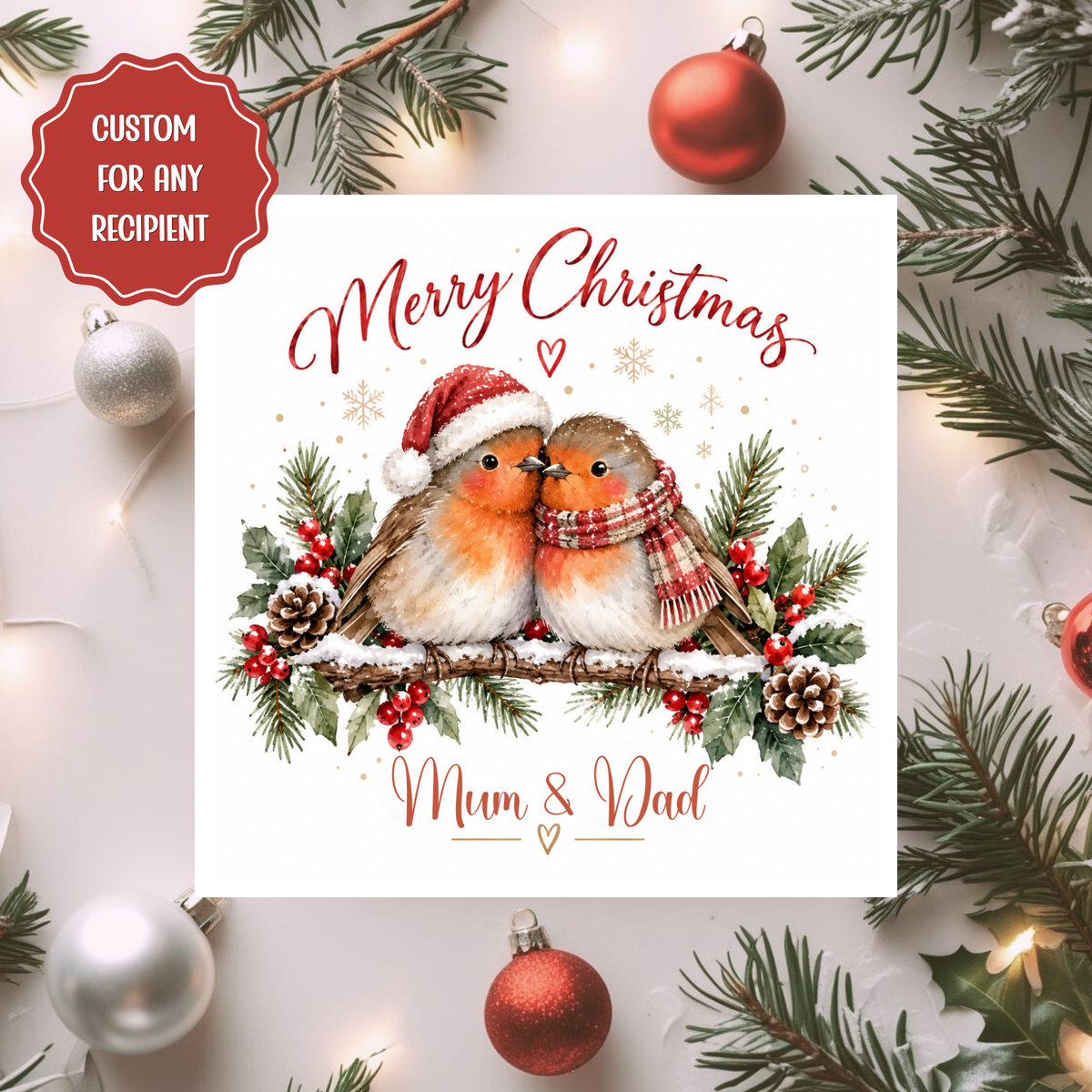 Personalised Mum and Dad Christmas Card, Cute Robin Christmas Card for Parents, Custom Recipient Xmas Card