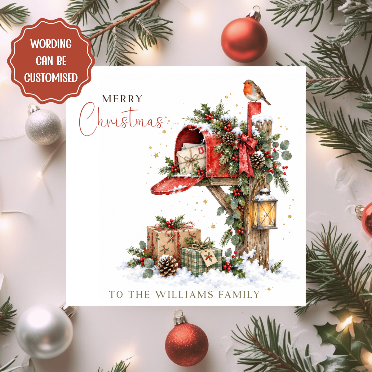 Personalised Family Christmas Card, Robin Postbox Xmas Card, Custom Family Name Card, Christmas Card for the Whole Family