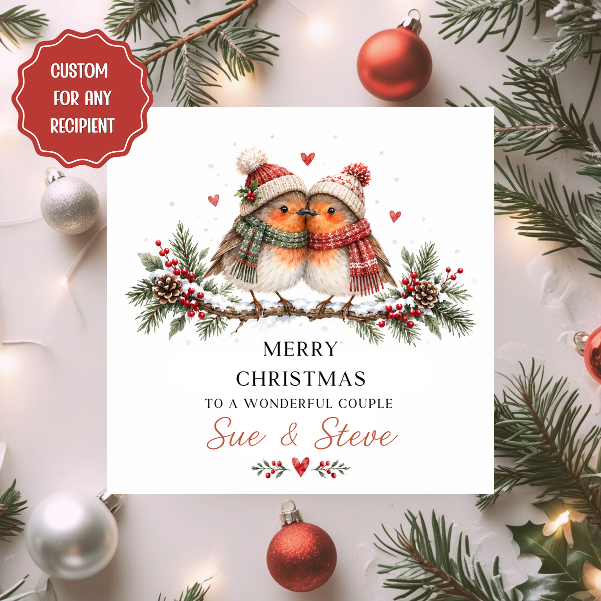 Personalised Robin Couple Christmas Card, Custom Xmas Card for Any Recipient, Cute Festive Card with Names