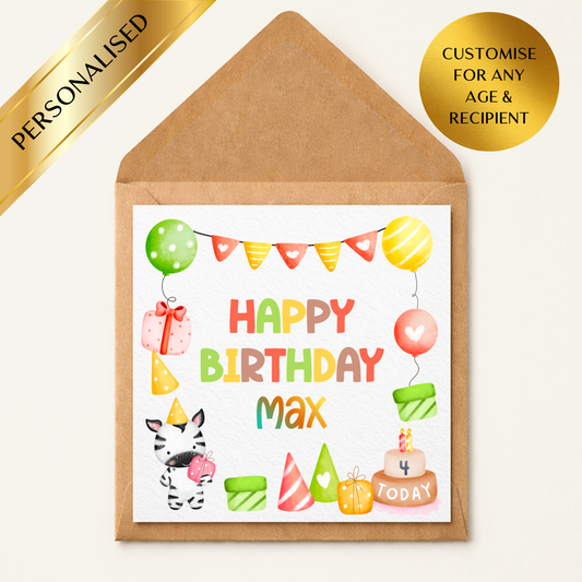Personalised Kids Birthday Card | Cute Zebra Birthday Card | Custom Name & Age Card | Children's Birthday Card | Boy or Girl Birthday | Animal Birthday Card