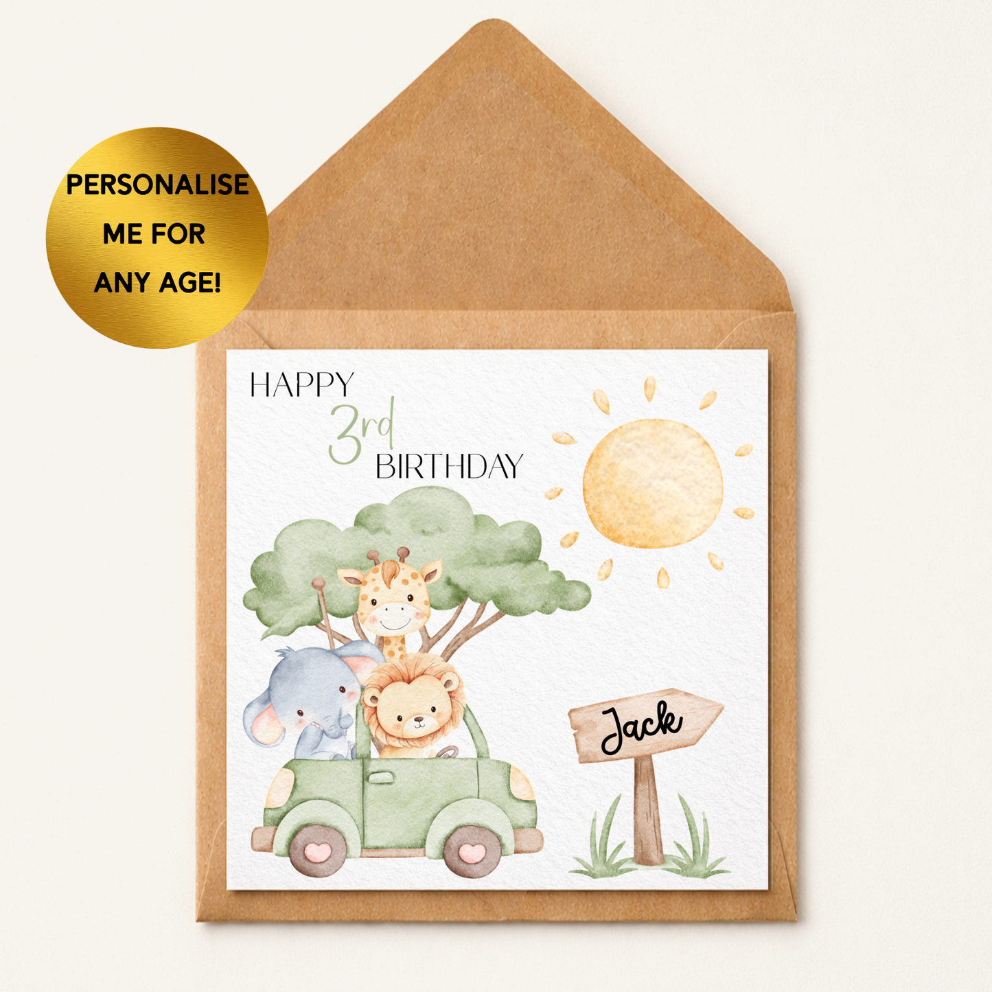 Personalised Safari Birthday Card for Kids, Jungle Animal Birthday Card, Any Age Birthday Card, Custom Name Card, Giraffe Lion Elephant Card