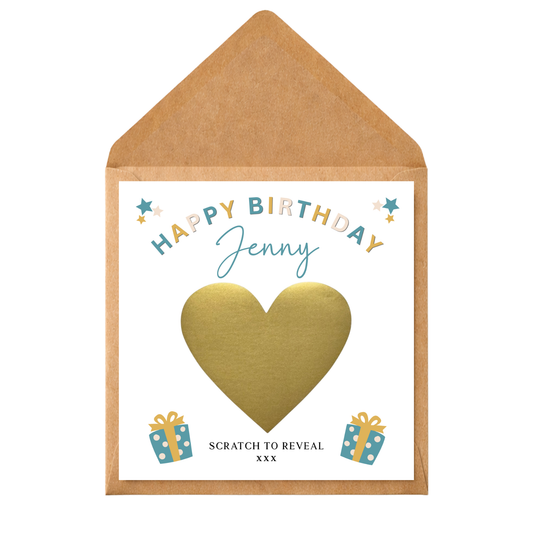Personalised Birthday Scratch Reveal Card | Scratch Off Surprise Gift Voucher | Custom Birthday Gift Reveal | Gold Scratch Heart Card