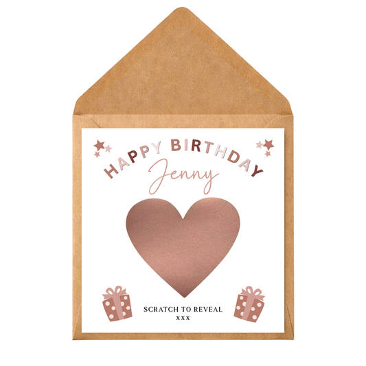 Personalised Birthday Scratch Reveal Card | Scratch Off Surprise Gift Voucher | Custom Birthday Gift Reveal | Gold Scratch Heart Card