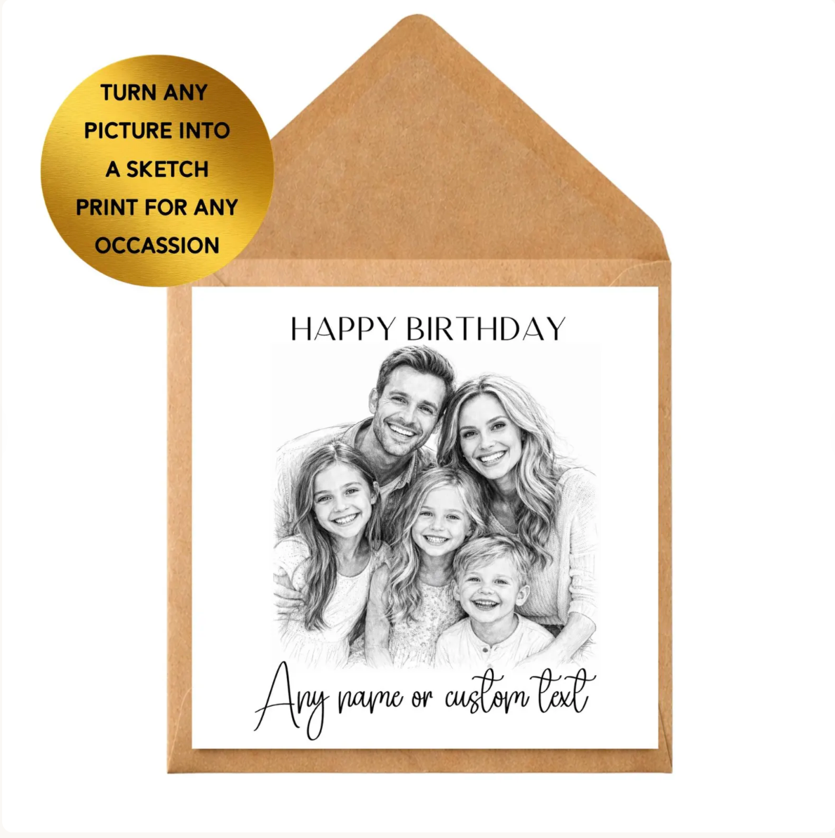 Custom Photo Sketch Birthday Card | Hand-Drawn style Family Portrait Keepsake